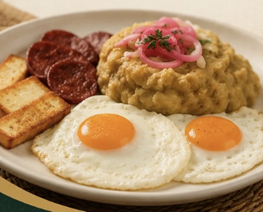 Plato de mangú, salami y huevos del catering de Raíces Dominicanas