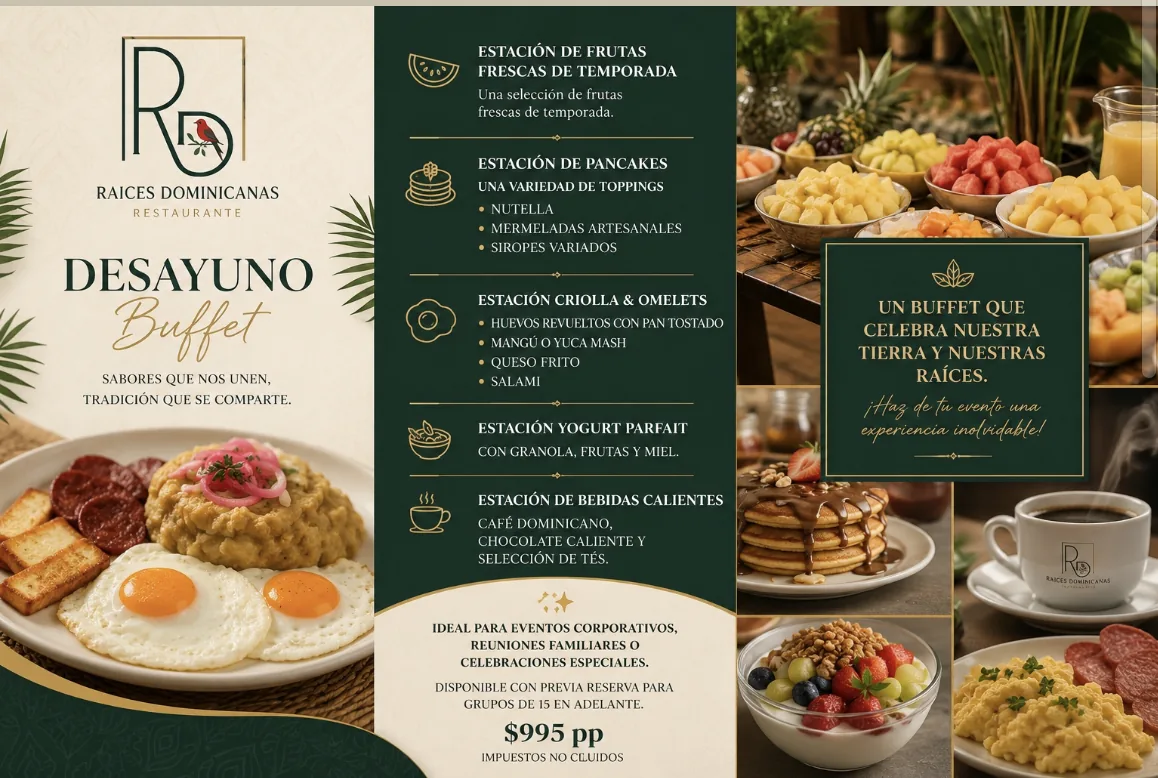 Desayuno buffet de Raíces Dominicanas: mangú, huevos, salami y queso frito