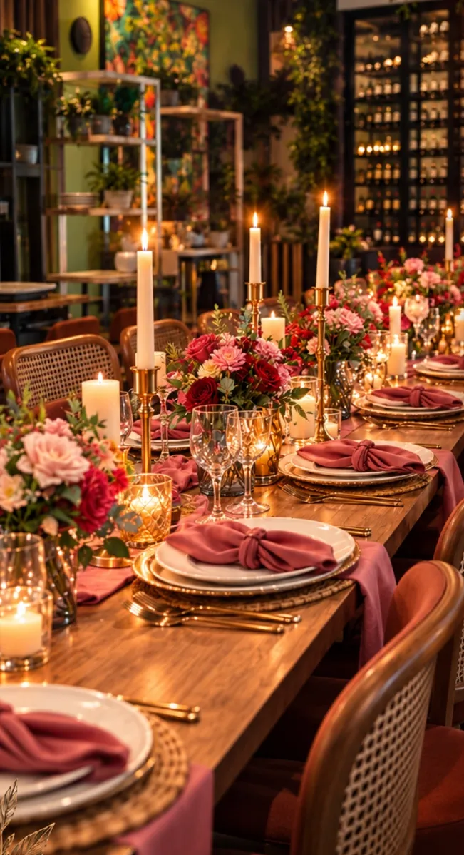 Mesa larga montada con velas, flores y servilletas rosadas en Farah
