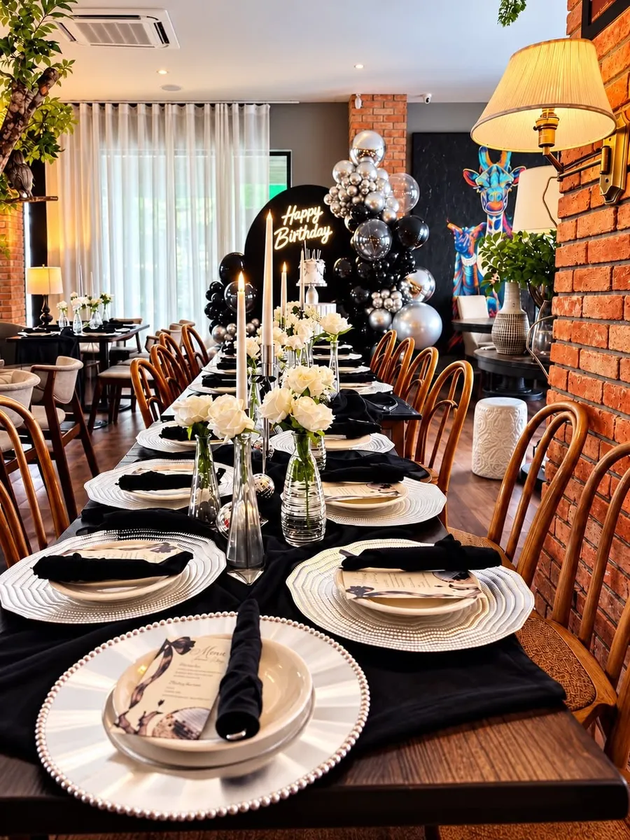 Montaje de mesa en negro y blanco con globos