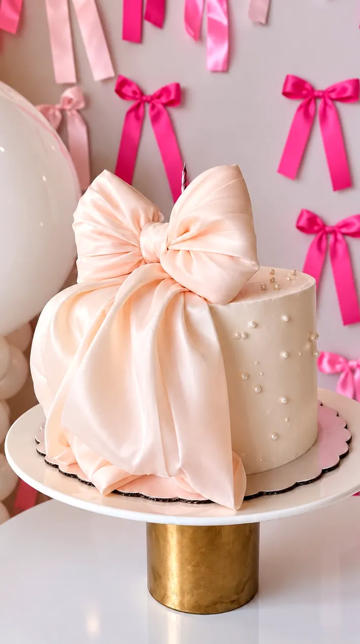 Pastel con lazo rosado sobre stand dorado