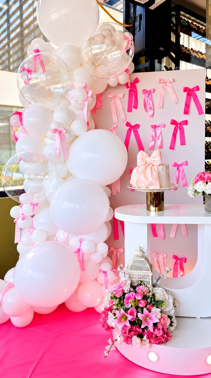 Decoración rosada con lazos y globos para unos quince años