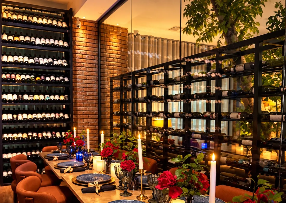 Salón Ava de Farah San Isidro con mesa montada, velas y cava de vinos